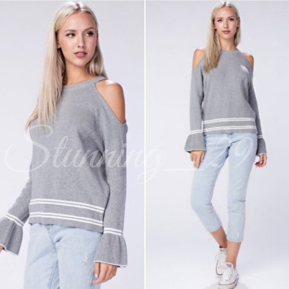 🆕️GREY COLD SHOULDER BELL SLEEVE KNIT SWEATER - Picture 1 of 5
